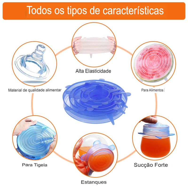 Kit 6 Peças Tampas Adaptáveis De Silicone